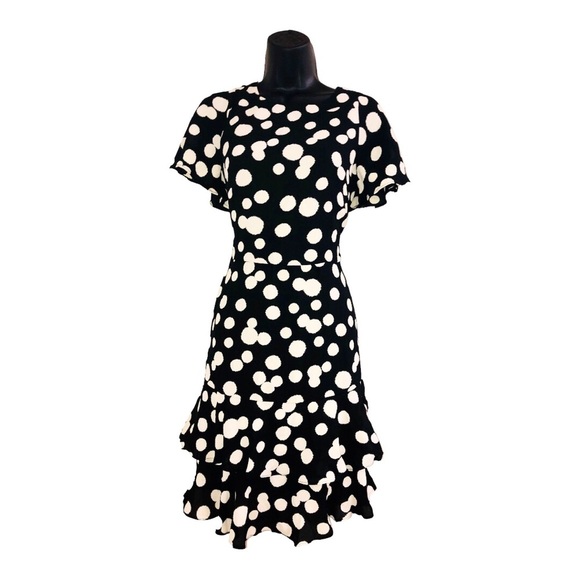 Nicole miller studio black oversize polka dot flutter hem flirty dress size 2 - Picture 2 of 16